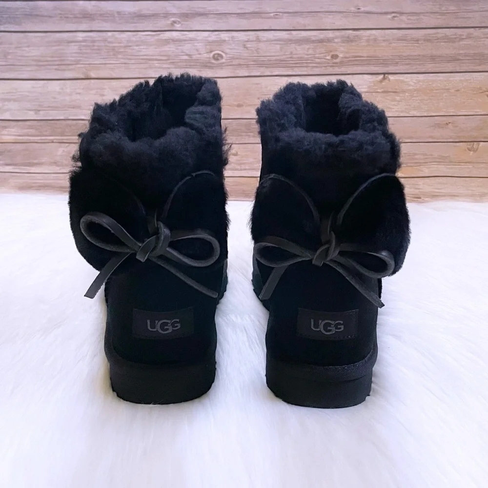 UGG Classic Double Bow Mini Black Suede Boots - Picture 2 of 9